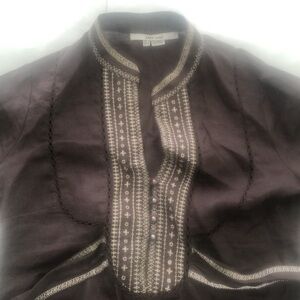 Zara basic 100% ramie brown and cream boho long sleeve blouse 👚 with tie back